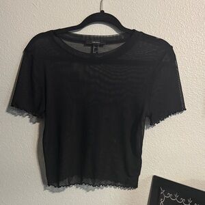 Forever 21 Black Sheer Ruffle Edge Short Sleeve Crop Tee